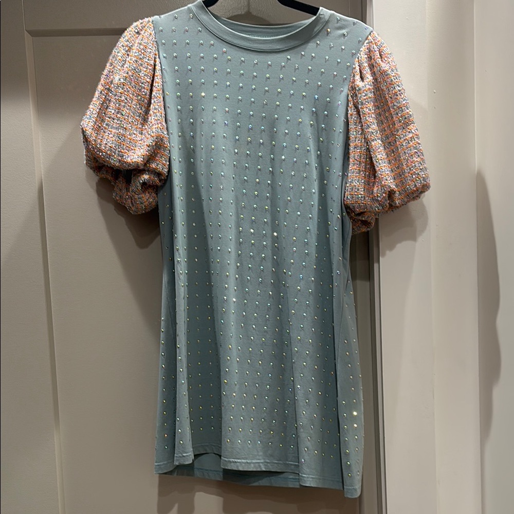 Embellished Blue dress with Puff Sleeves